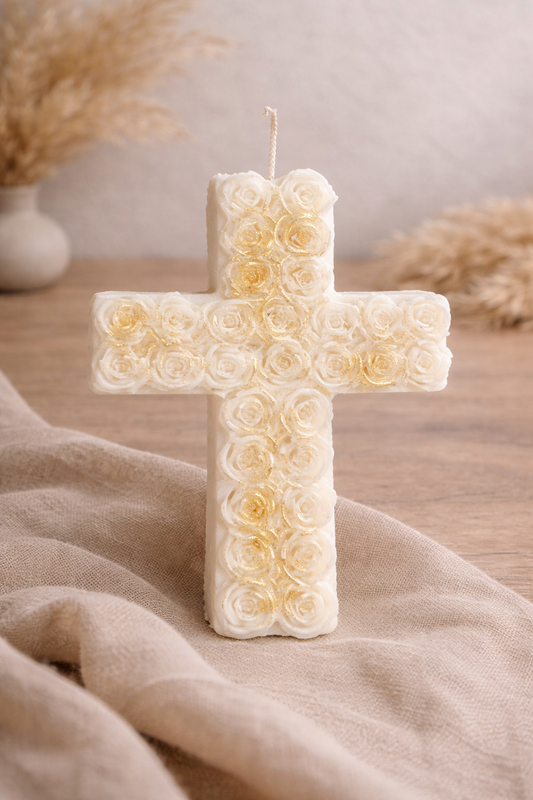 Χειροποίητο Κερί Σταυρός με Ανάγλυφα Τριαντάφυλλα & Χρυσές Πινελιές